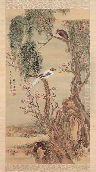 Two Magpies on Willow and Peach Trees - view 1