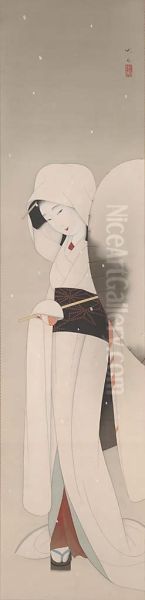 Woman with Parasol in Falling Snow - view 1