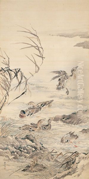Geese in Autumn Stream - view 1