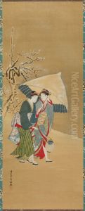 Two Beauties Walking in the Snow with Umbrella by Kubo Shunman