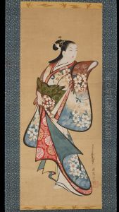 Standing prostitute wearing a kimono with plum-blossom motif