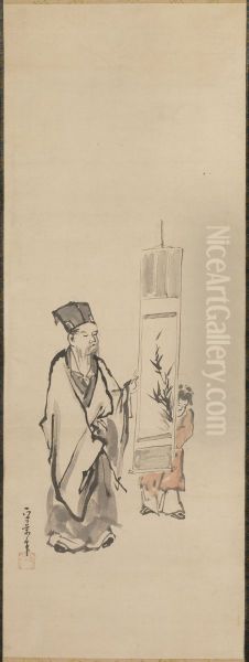 Scholar Viewing a Painting [center of a triptych of Scholar with Heron and Myna] - view 1