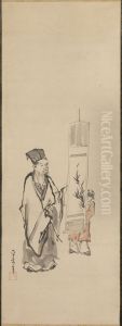 Scholar Viewing a Painting [center of a triptych of Scholar with Heron and Myna]