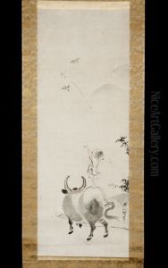 Boy Riding Water Buffalo [right of a pair] by Hanabusa Itcho