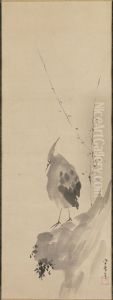 Heron on a Rock [right of a triptych of Scholar with Heron and Myna] by Kusumi Morikage