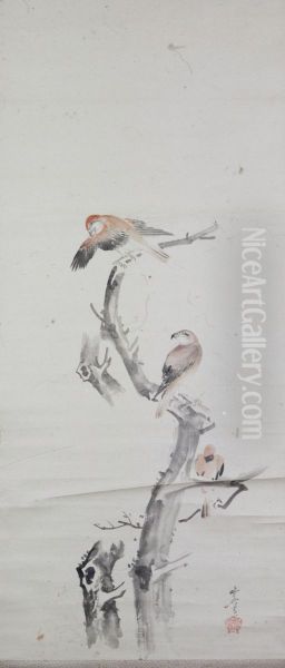 Three Crossbills on a Leafless Tree - view 1