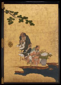 Li Tieguai (left), Han Xiangzi (right) [center right of the set Daoist Immortals] by Kano Sansetsu