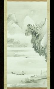 Chinese-style Landscape with Man Fishing from a Boat by Moonlight [right of a triptych] by Kawanabe Kyosai