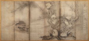 Egrets in Plum [right of the pair Egrets in Plum and Willow] by Sesson Shukei