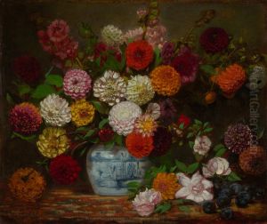 Still Life with Dahlias, Zinnias, Hollyhocks and Plums