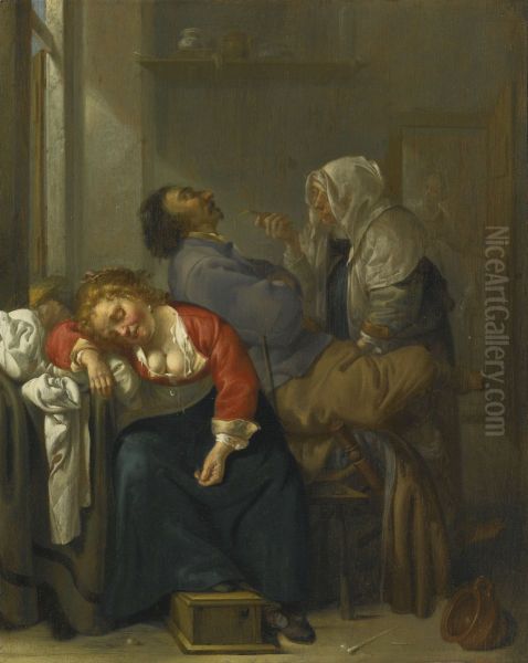 Sleeping couple and a maid servant in an interior - view 1
