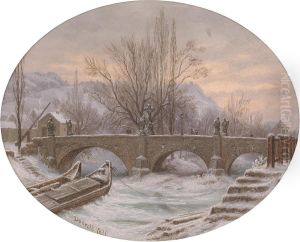 Winter landscape with stone bridge by Ernst Gustav Doerell
