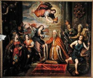 Giovanni Bembo(1543-1618) kneels before a personification of Venice