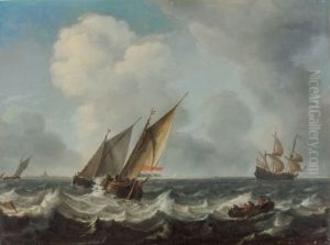two boats on stormy sea by Arnoldus van Anthonissen