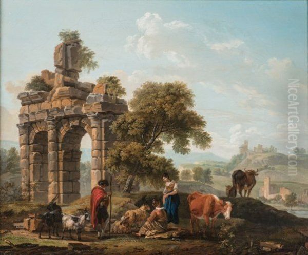 Herders and their Cows Resting before Classical Ruins - view 1
