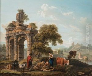 Herders and their Cows Resting before Classical Ruins by Michel Duplessis