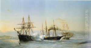 Naval battle in front of the Moroccan coast between two Moroccan brigs and a French wheeled-corvette on the occasion of the bombing of Mogador by the French squadron in 1844. by Jean-Baptiste Henri Durand-Brager