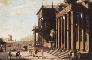 A capriccio view of a palace with ruins and figures