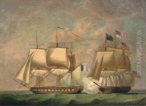 The close action between HMSEurotasand the French frigateClorinde, 25th February 1814, the opening salvo from Eurotas into Clorinde's stern