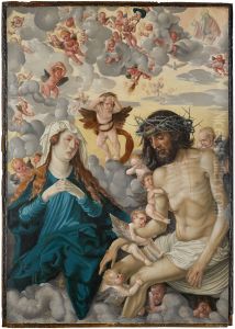 Christ as man of sorrows wept by mary and angels by Hans Baldung Grien