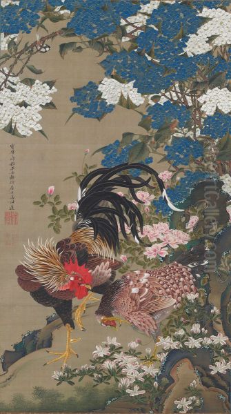 Rooster and Hen with Hydrangeas - view 1