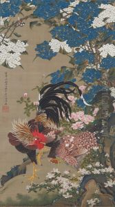 Rooster and Hen with Hydrangeas by Ito Jakuchu