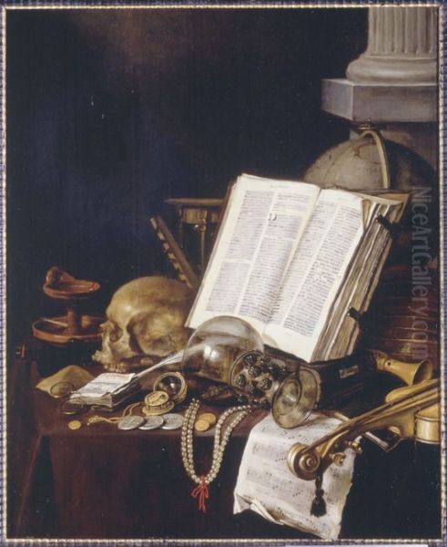 Still life with coins and other objects on a table - view 1