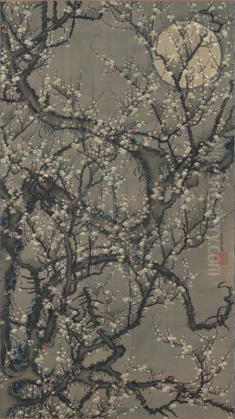 Blossoming plum under the moon - view 1