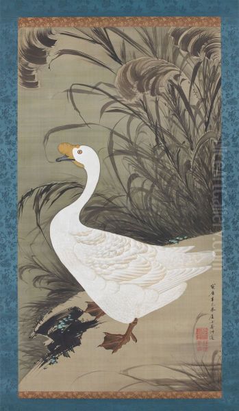 White goose and reeds - view 1