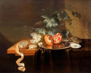 Stilleven met fruit, oesters en wijnglas