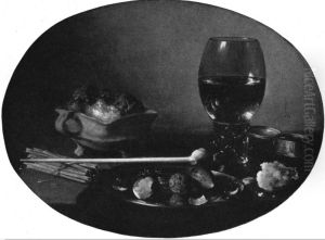 Still life of a roemer with smoking paraphernalia by Pieter Claesz