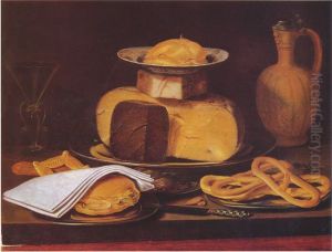 Still life with cheesestack, a bun and pretzels