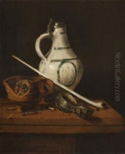 Still life with white crock, brazier and smoking paraphernalia