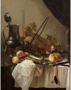 A pewter jug with an overturned silver cup with fruit, bread and meat on a draped table-top