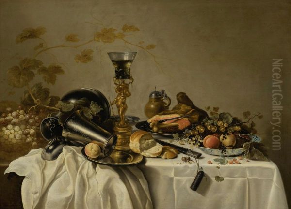 Still life with bekerschroef, pewter, ham, fruit in a Wanli bowl - view 1