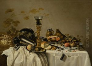 Still life with bekerschroef, pewter, ham, fruit in a Wanli bowl