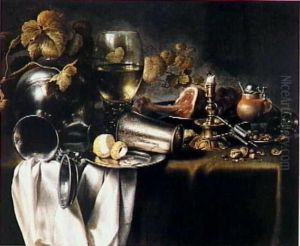 Stilleven met eet- en drinkgerei en een gedoofde kaars