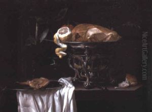 Still life of roast guinea-fowl with citrus fruit in a chafing-dish by Willem Van Aelst