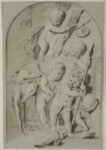 Sex putti med jaktattribut by Jacob de Wit