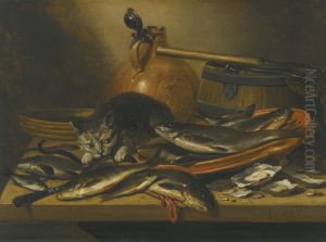 Still life of fresh-water fish with a cat and a bellarmine by Pieter Claesz