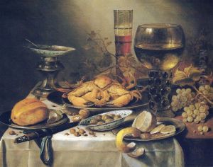 Still life with a crab, grapes, olives, and a peeled lemon