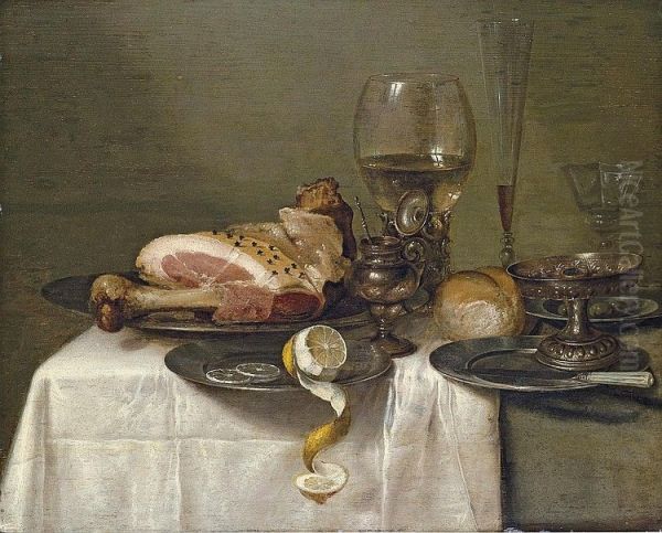 Still life with ham, lemon, roemer, glass flute, wine glass, olives, tazza, bread and knife - view 1