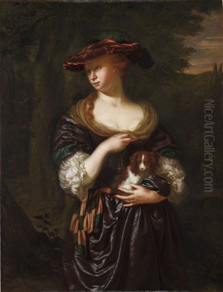 Woman Holding a Dog in a Landscape - view 1