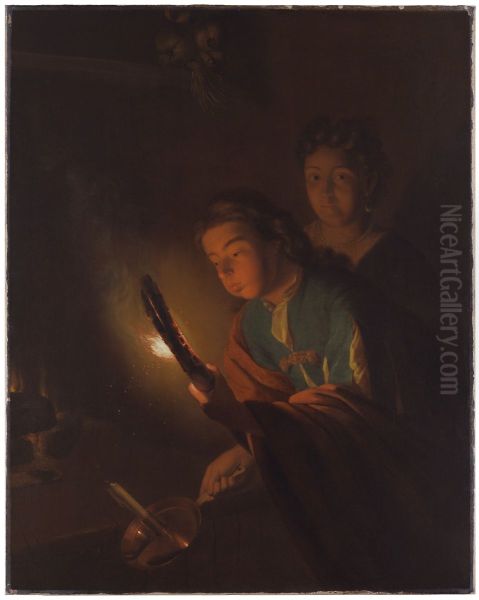 Young Man Blowing a Torch to Light a Candle - view 1
