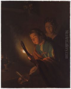 Young Man Blowing a Torch to Light a Candle