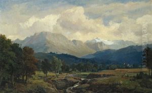 Berchtesgaden landscape with painting artists by Heinrich Brandes