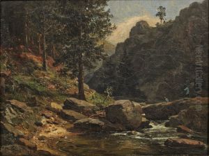 Mountainous Landscape with Anglers / Romantic Harz landscape with fishermen at a stream by Heinrich Brandes