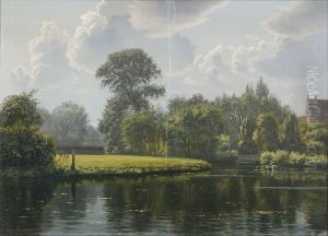 The botanical gardens of Odense. A rowing boat is seen on Odense A. by Johannes Herman Brandt