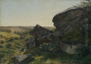 Landscape with rocks and a sitting girl. by Johannes Herman Brandt