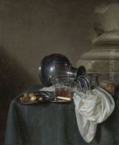 Still Life with a pewter jug on its side, a glass of ale, a salt cellar, a bread roll and other objects on a table